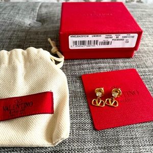 Authentic Valentino Oro & Crystal V Logo Pendant stud earrings